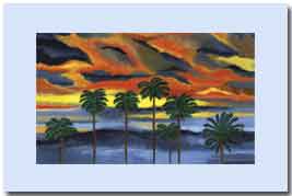 firey sunset behind palm trees