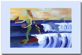 mermaid surfing a wave with dolphins jumping