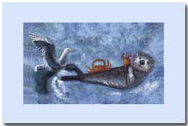 sea otter eating a crab being stalked by a sea gull