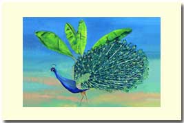 peacock bird walking in front of a banana tree