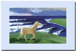 horse prancing on the bluff top overlooking the sea