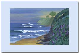 waves in the background with a surfer leaving the beach