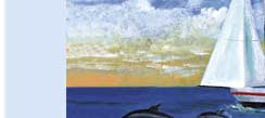 dolphins jumping in front of sail boat greeting card
